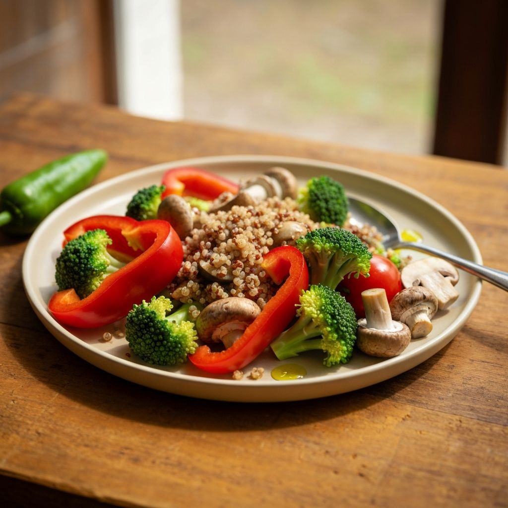 Healthy meal with vegetables, grains, and fresh ingredients on wooden table