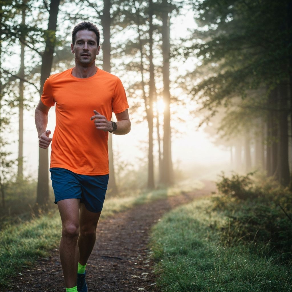 Man jogging on forest trail in natural light