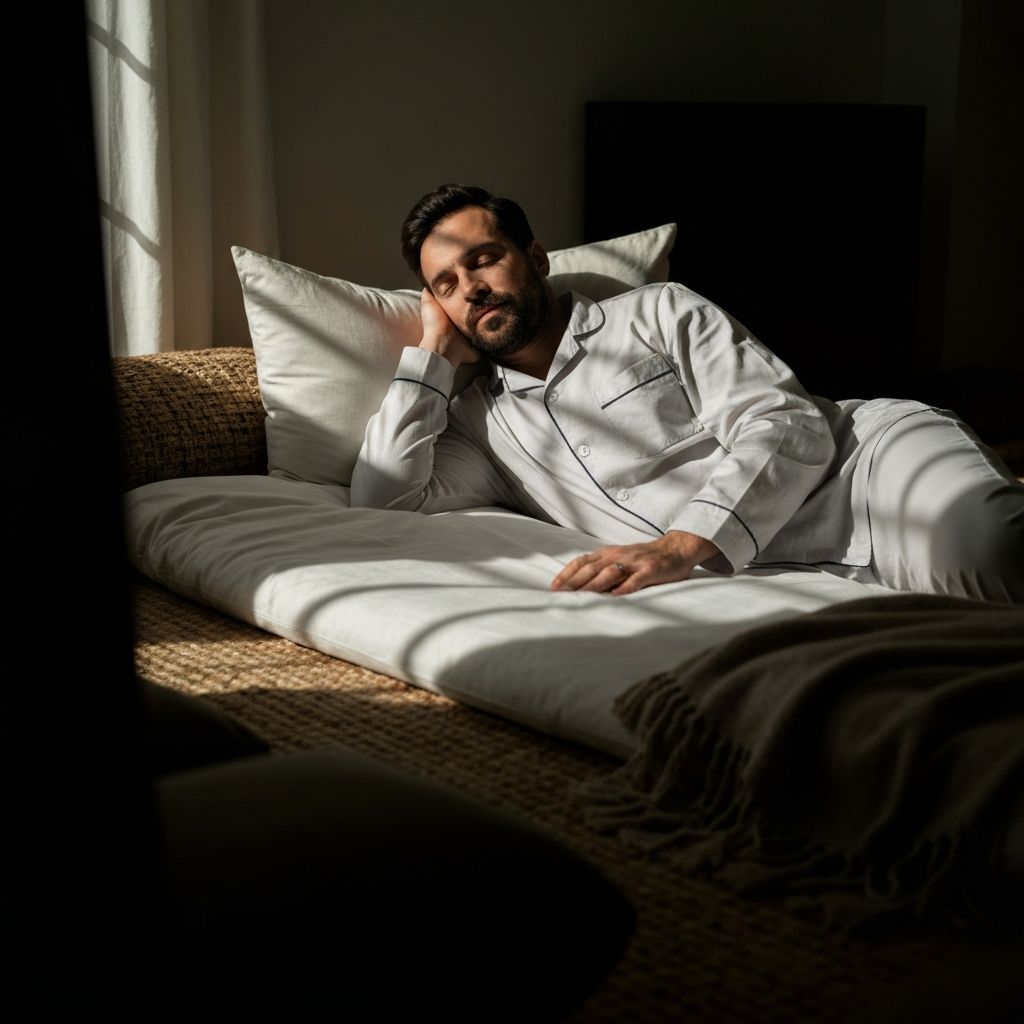 Man resting peacefully in natural light bedroom with peaceful atmosphere