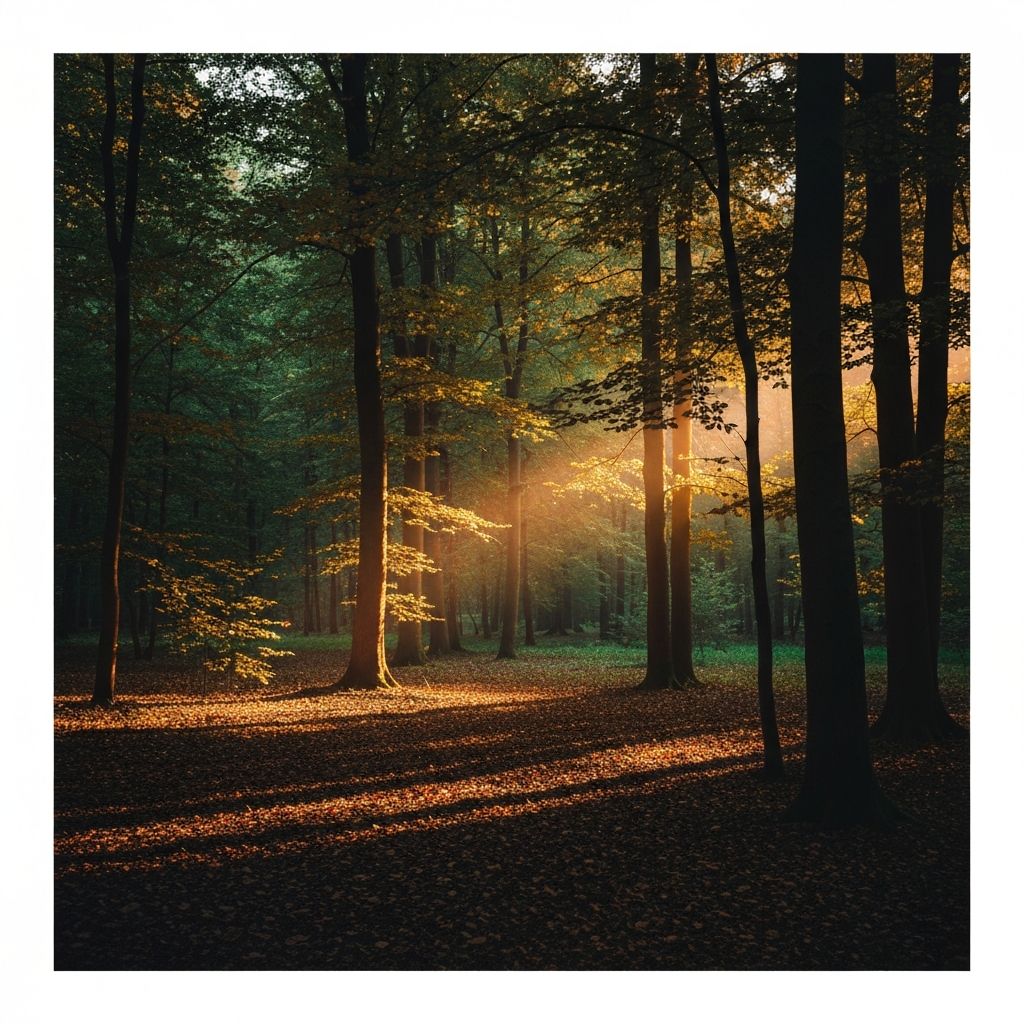 Forest landscape with deep shadows and warm light symbolizing wellness